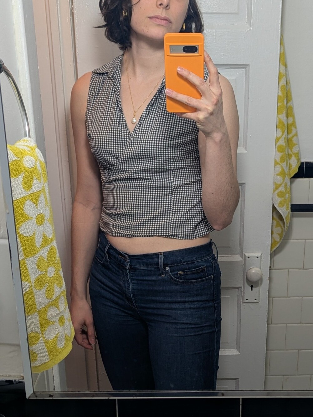 Harve Benard Black and White Check Tie-Front Sleeveless Blouse